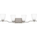 Quoizel - Quoizel MYR8630BN Four Light Bath Myra Brushed Nickel - A classic silhouette and square glass shades make up Myra. The clear glass shades are painted white on the inside, giving off a soft romantic glow ideal for any bathroom. Choose from two, three, or four lights in this collection of timeless Brushed Nickel bath lights.