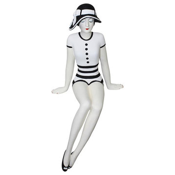 Retro Bathing Beauty Figurine Swim Suit Beach Black White Cloche Hat Stripes