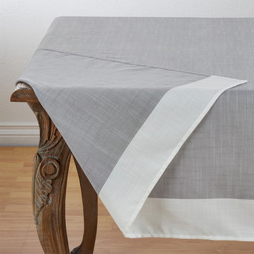 Grey and White Two Tone Banded Border Tablecloth, 67"x104"