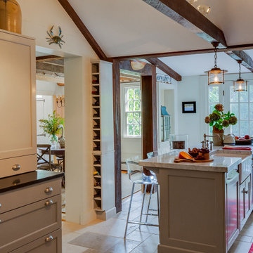 Kitchen with Wooden Beams - Cranberry Cottage -Custom Home Renovation - Cape Co