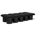 Meridian Furniture - Pavilion Black Boucle Fabric Bench, Black, Black Finish, 77.5" W X 36" D X 17.5" H - Bring valuable seating and remarkable style to your space with this black Pavilion Boucle Fabric Bench, an exquisite balance of style and usability for the entryway, bedroom, and beyond. Crafted from oak veneer with a black finish, this bench has a 4-inch-thick seat cushion that's channel-tufted for a touch of luxury. The bench's columnar bases add a dash of Art Deco design, making it a captivating focal point in any room.