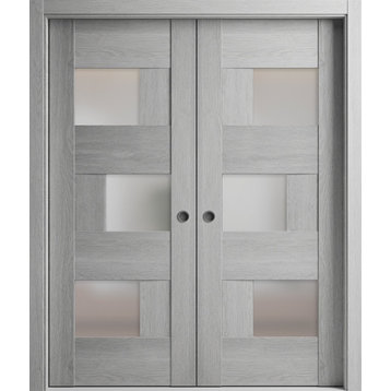 Sliding Double Pocket Doors 60 x 80, 6933 Light Grey Oak & Frosted Glass