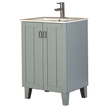 24" Solid Wood Sink Vanity With Ceramic Basin, Gray Blue