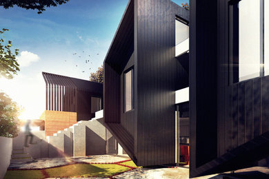 Photo of a mid-sized contemporary two-storey black exterior in Perth with concrete fiberboard siding and a flat roof.