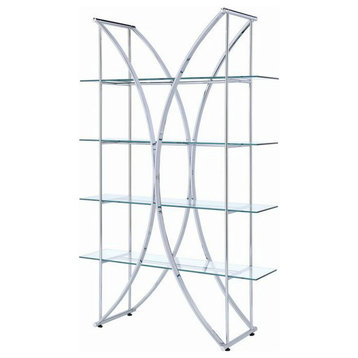 Elegant Bookcase, Chrome Metal Frame With Curved X-Accent & Clear Glass Shelves