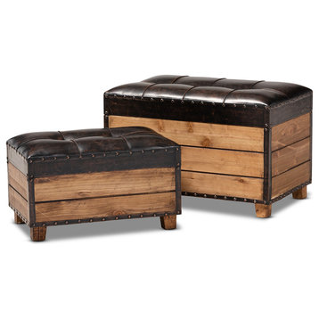 Savanna Rustic Dark Brown Faux Leather 2-Piece Wood Storage Trunk Ottoman Set