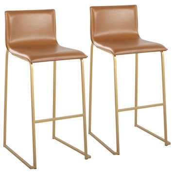 Mara Contemporary Barstool, Gold Steel/Camel Faux Leather, Set of 2