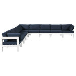 Meridian Furniture - Nizuc Water Resistant Patio L-Shaped Modular Sectional, Navy, 9-Piece: 6 Armless Chair, 3 Corner Chair, White Aluminum Frame - Pick and choose your favorites from the Nizuc collection to create a modular seating group the whole gang will enjoy. The sturdy aluminum frame provides dependable support for friends and family as they relax and unwind, and the resilient navy water resistant fabric stands up to the elements without losing its beautiful demeanor, so you can count on it lasting for the long haul. Latches beneath these seating pieces help you easily attach them to one another for convenient setup.