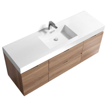 Bliss 60'' Wall Mount Single Sink Modern Bathroom Vanity, Honey Oak