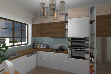 Example of a mid-sized danish galley eat-in kitchen design in Other with flat-panel cabinets, medium tone wood cabinets, wood countertops, gray backsplash and no island