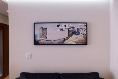 Living room - small contemporary open concept porcelain tile living room idea in Other