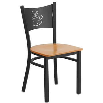HERCULES Series Black Coffee Back Metal Restaurant Chair, Natural Wood Seat