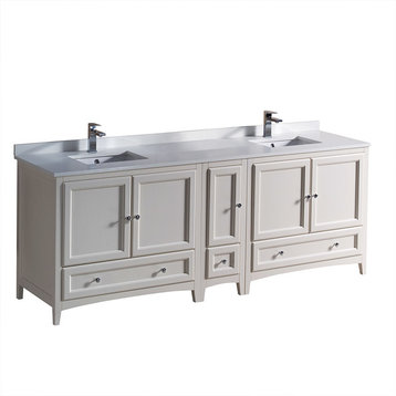84" Antique White Traditional Double Sink Bathroom Cabinets w/ Top & Sinks