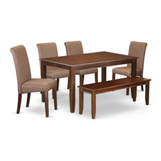 Duba6-Mah-18, 6-Piece Table With Linen Brown Fabric Chairs Bench