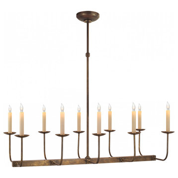 Linear Branched Linear Chandelier, 10-Light, Hand-Rubbed Antique Brass, 35"W