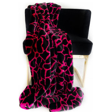 Pink Black Plush Faux Fur Luxury Throw Blanket, Blanket 114Lx120W King