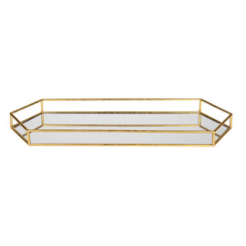 Felicia Gold Metal Mirrored Decorative Tray, Gold, 26x8