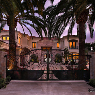 Ispirazione per una grande porta d'ingresso tradizionale con pareti beige, pavimento in travertino, una porta a due ante e una porta in legno scuro