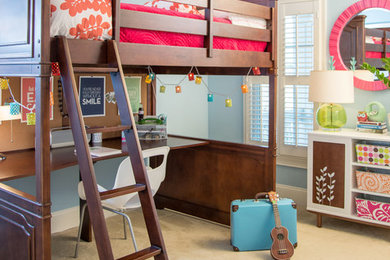 Design ideas for a transitional kids' room for girls in Raleigh with blue walls and carpet.