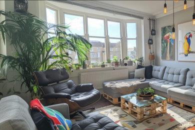 Medium sized scandinavian open plan living room in London with grey walls and dark hardwood flooring.