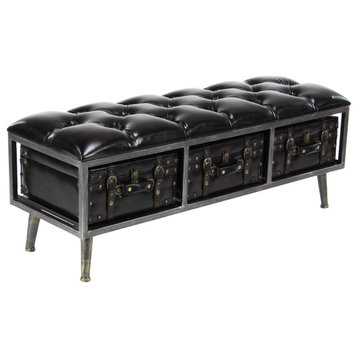 Traditional Tufted Leather-Covered Wooden Storage Bench with 3 Suitcases