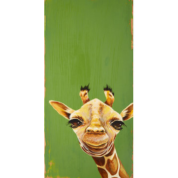 "Good Morning Giraffe - Green" Canvas Wall Art by Karin Grow, 12"x24"