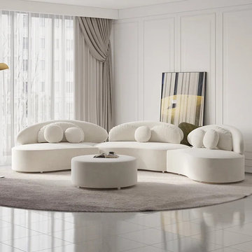 Modern 7-Seat Sofa Curved Sectional Modular Beige Velvet Upholstered with Ottoma