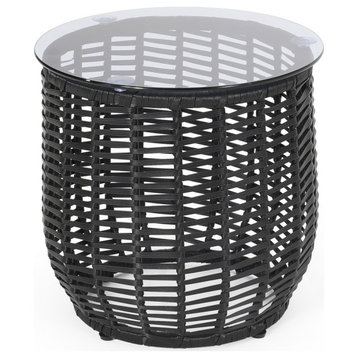 Boynton Wicker Side Table With Tempered Glass Top, Black