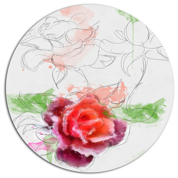Beautiful Rose With Rose Sketches, Floral Large Disc Metal Artwork, 11"