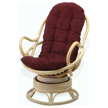 Java Lounge Swivel Rocking Chair Rattan Wicker, White Wash, Dark Brown Cushion