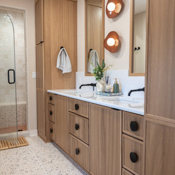 Primary & Guest Bathroom Remodel with Improved Layout and Heated Terrazzo Floors