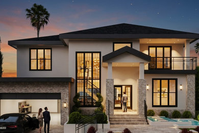 Inspiration for a large modern three-story stucco and clapboard house exterior remodel in Vancouver with a hip roof, a shingle roof and a black roof