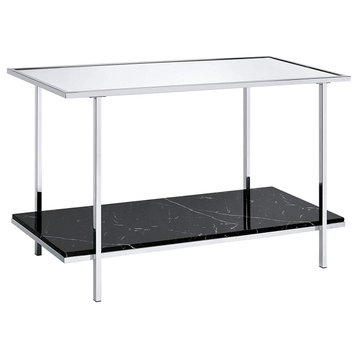 Elegant Console Table, Chrome Frame With Black Faux Marble Shelf and Glass Top
