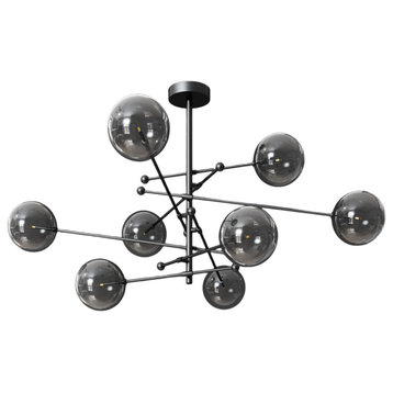 Art Deco Glass Ball LED Chandelier, Black, 8 Balls, Smoky Gray Glass, Cool Light