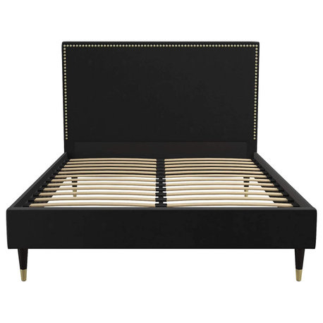 Velvet Upholstered Platform Bed with Gold Nailhead Trim & Dipped Wood Legs