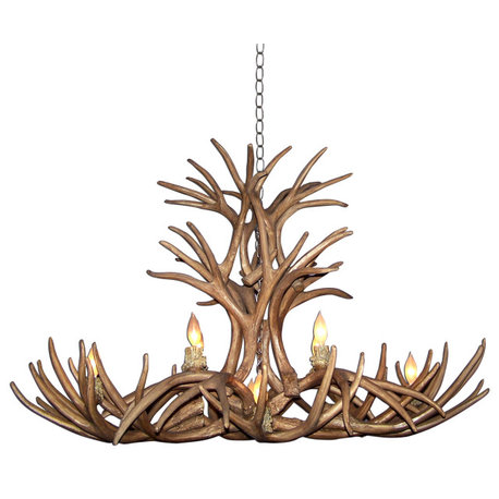 Reproduction Antler Mule Deer Oval Chandelier, Rawhide Shades