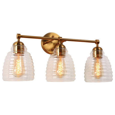 LNC Hormes 3-Light Brass Finish Modern Ribbed-Glass Bathroom Vantity Light