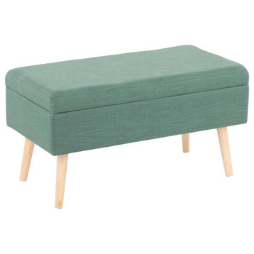 Contemporary Storage Bench, Natural Wood, Green Fabric