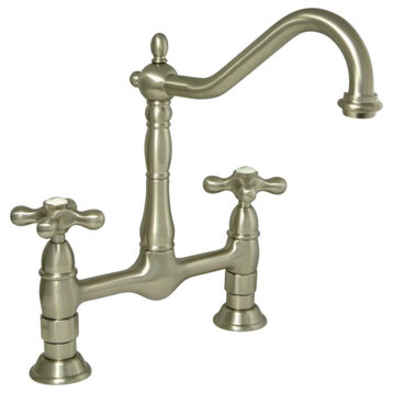 Victorian Kitchen Bridge Faucet, Swiveling Spout With 2 Crossed Handles, Nickel