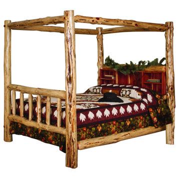 Red Cedar Log Canopy Bookshelf Bed, Twin