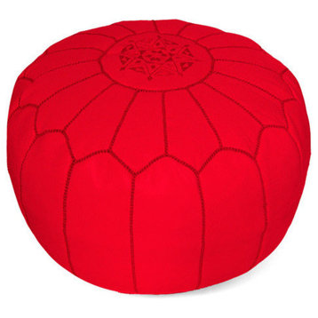 Moroccan Leather Stuffed Pouf, Red