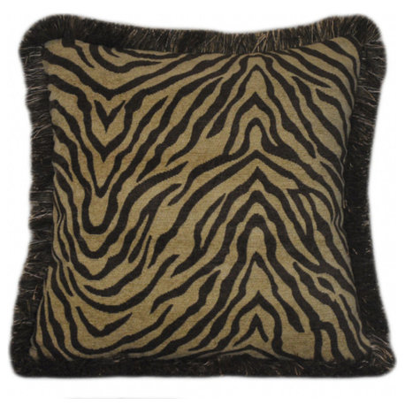 Brown And Gold Woven Chenille Fringed Zebra Throw Pillow, 14x14