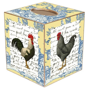 TB558-Rooster on Blue and Yellow Toile Tissue Box Cover