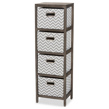 Gray And White Fabric Upholstered Graywashed Wood 4-Basket Tallboy Storage Unit