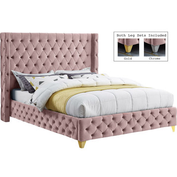 Savan Velvet Upholstered Bed, Pink, Full