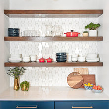 Backsplash in L Kitchen White Cabinets