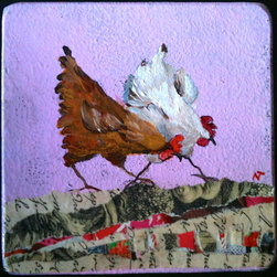 poules, peinture et collage sur bois - Tableau Multi-matières
