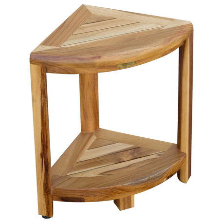 HomeRoots Compact Teak Corner Shower Stool With Shelf, Natural Finish