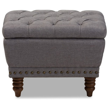 Annabelle Upholstered Walnut Wood Finished Button-Tufted Storage Ottoman