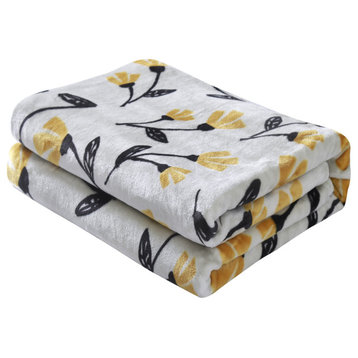 Fresh Sunshine Yellow Fleur Floral Soft Plush Fleece Throw Blanket, 63"x90"